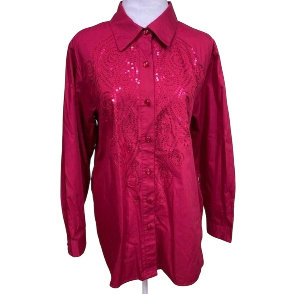 New Mackie Wearable Art Sequin Embellished Button Down Shirt Red Christmas Med.